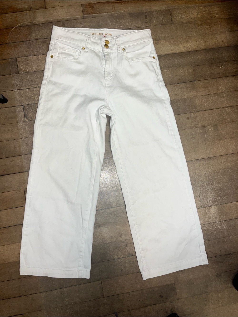 Michael Kors White Wide-Leg Flare Jeans with Gold Buttons